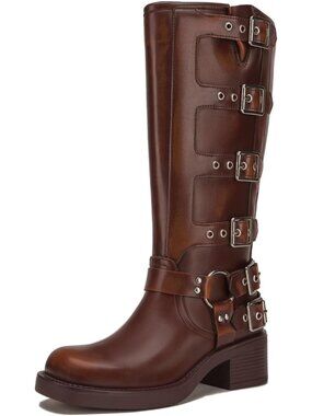 Women's Brown Knee High Boots Square Toe Motorcycle Boots with Buckle Biker Boot